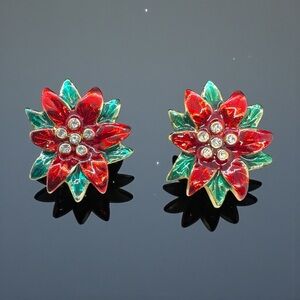 Vintage Enamel & Crystal Poinsettia Clip On Earrings